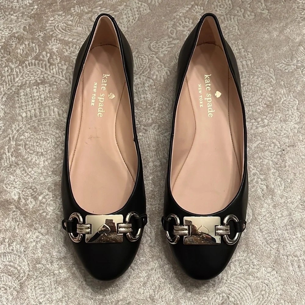 Brand New Kate Spade Genuine Leather Black Flats Slip On Shoes Silver Tone Logo
